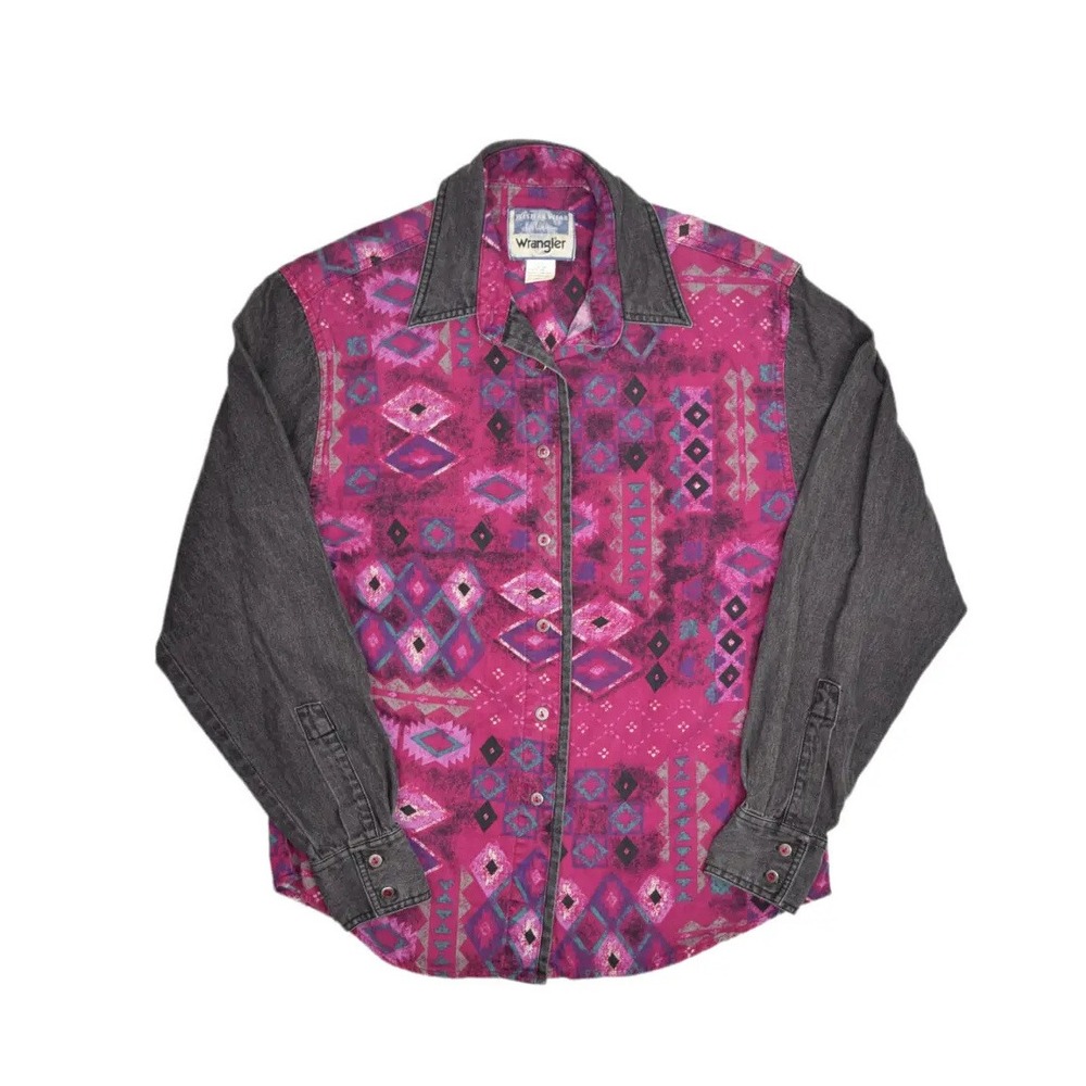 Vintage Wrangler Shirt Womens L Pink Western Diamond Aztec Navajo Print Denim
